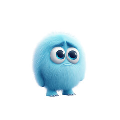 Fototapeta premium Cute blue fluffy cartoon monster with big eyes looking sad