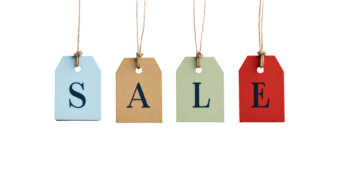 Colorful sale tags hanging on strings in blue, tan, green, and red