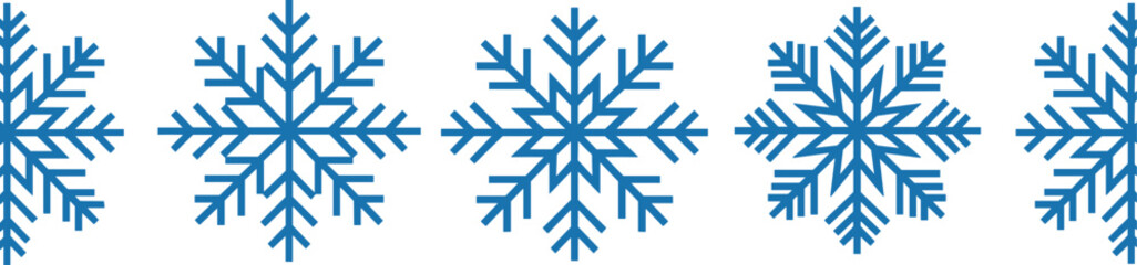 Seamless Blue Snowflake Pattern Border, Vector Decoration for Christmas and Winter Holiday Design, Repetitive Ice Crystal Graphic Element for Banners and Frames, Cold Weather Theme.