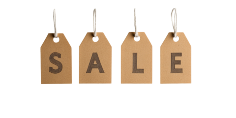 Brown sale tags on string isolated on black background