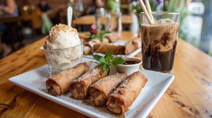 Delicious spring rolls served with ice cream and a refreshing drink at a cozy cafe
