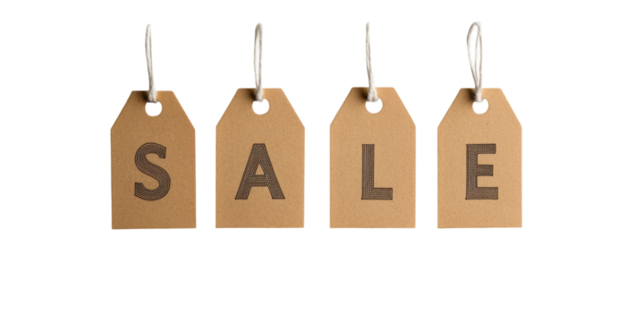 Brown sale tags on string isolated on black background