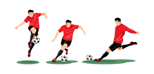 Set of soccer player is kicking the ball into the goal . Flat design cartoon character illustration . Vector .