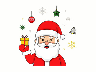 Cartoon illustration of Santa Claus winking, holding a gift, surrounded by Christmas ornaments like snowflakes, a bell, a star, and a bauble.