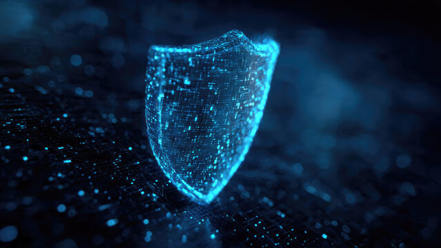 A glowing digital shield symbolizes advanced cybersecurity and data protection within a futuristic, interconnected network environment.