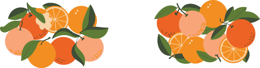 Two Orange Fruit Clusters Vector Illustration Set, Featuring Ripe Whole Citrus and Cross-Sections with Green Leaves, Ideal for Juice Packaging Design, Food Marketing, and Summer Graphics.