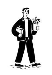 Illustration of a man walking while carrying a package and a potted plant.