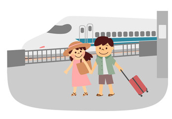 新幹線で旅行する男女