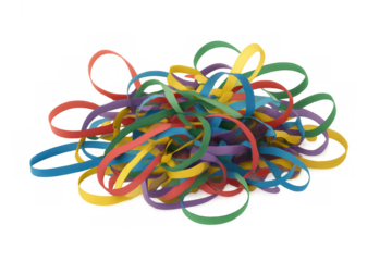 Rubber bands in various colors creating a messy, intertwining heap for stationery and business organization, isolated