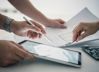 Engineering Team Reviewing Digital Blueprints on Tablet with Circuit Board