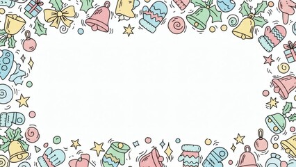 Fototapeta premium Festive Christmas Background with Hand-Drawn Decorations Bells, Mittens, and Gifts on a White Canvas