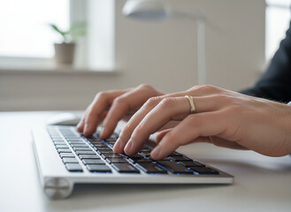 Hands Typing on Wireless Keyboard at Clean Minimalist Home Office Desk