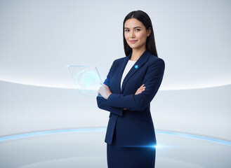 Professional Businesswoman Holding Futuristic Holographic Tablet with Globe Display