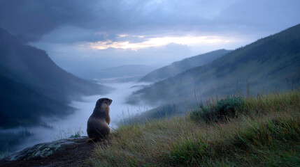 A cute groundhog on a festive spring day. Groundhog Day. A groundhog with fluffy fur. Landscape view.