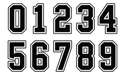 Jersey numbers vector artwork for sports design, featuring bold typeface for team logos, uniform printing, college style, and athletic graphics