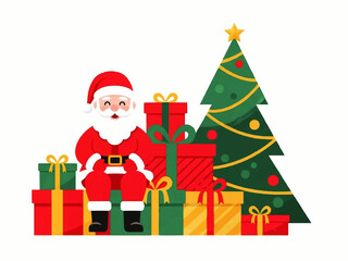 Santa Claus sits amidst a pile of colorful Christmas gifts next to a decorated Christmas tree with a star on top.