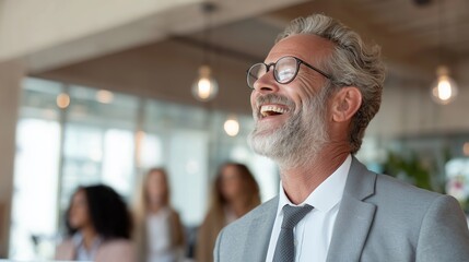 Elderly man smiles joyfully while attending a business event in a modern office setting