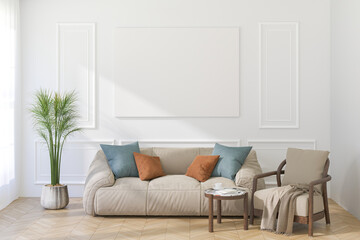 A Horizontal Thin Frame Mockup on Light Wall in Modern Interior. 3D Render.