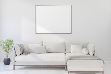 A Horizontal Thin Frame Mockup on Light Wall in Modern Interior. 3D Render.