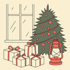 Showcases a cozy christmas scene with presents, lantern glow, and a festive tree near a window. Perfect for holidaythemed designs.