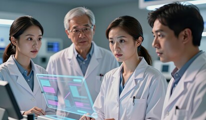 Medical team collaborates on advanced technology in a futuristic healthcare setting