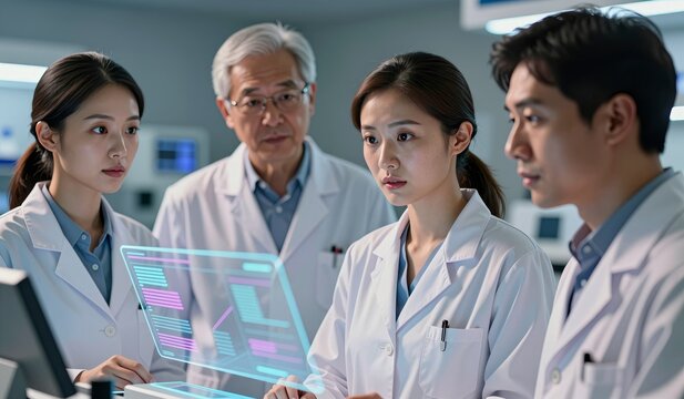 Medical team collaborates on advanced technology in a futuristic healthcare setting