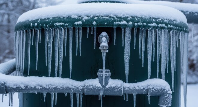 Snow covered tank outside in the winter, complete with icicles hanging down. Snow shows winter's icy grip and frozen valve against blurred background.