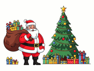 Santa Claus carrying a sack full of gifts stands next to a decorated Christmas tree with presents underneath it.