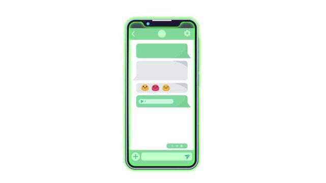 Messenger interface with dialogues, emojis, and voice messages. Vector animation in flat art style, template with space for text correspondence