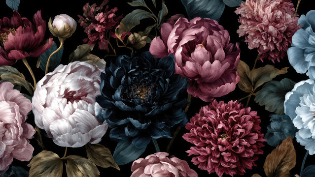 Opulent dark floral pattern showcasing dramatic peonies, diverse blooms in rich crimson, teal, blush, ivory hues for luxurious botanical elegance.