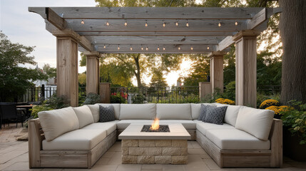 Cozy outdoor seating area with beige cushion sofa, wooden pergola, string lights, fire pit, and lush garden surroundings