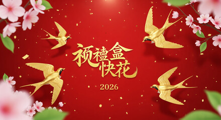 Golden swallows and blossoms on red background