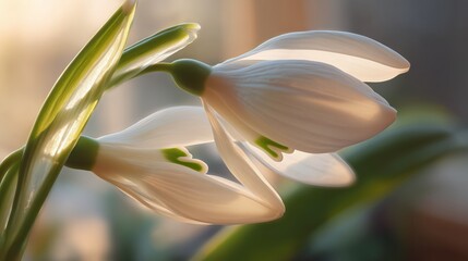Fototapeta premium Snowdrop flowers bloom in soft sunlight by a window during early spring morning
