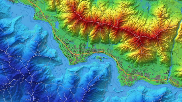 Digital elevation model showing a colorful topographic relief map of a coastal mountain range and shoreline - Powered by Adobe