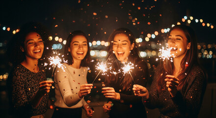Joyful group celebrating with sparklers