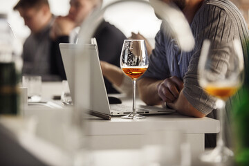 Professional Sommelier Tasting Beer During Training about Basic of Brewing and Craft Beer, Close Up.