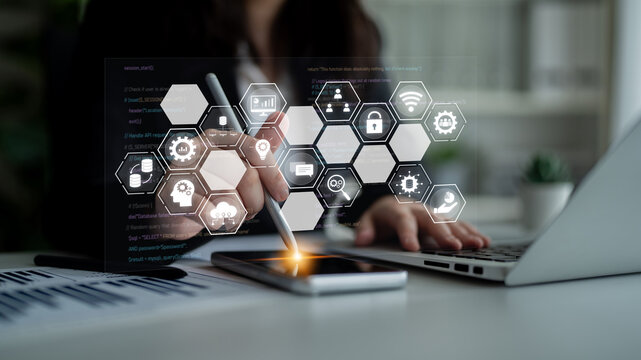 Hexagon interface combining AI, data, analytics, and cybersecurity. AI connects systems, data drives analytics, data supports decisions, and AI enables smart business infrastructure. Latch