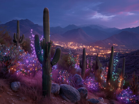 Saguaro cacti in desert landscape at night glow with xmas lights. A distant town twinkles under starry sky. Festive lights on desert plants, magical scene