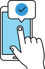 Hand Interacting with Smartphone Vector Illustration, Mobile Phone Notification with Blue Checkmark, Success, Confirmation, Verification, and Completed Task Concept Graphic Element.