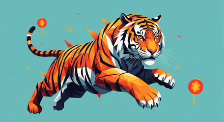 Stylized illustration of a tiger in mid air