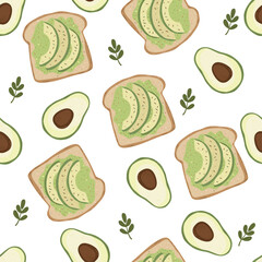 Avocado Toast Pattern – Seamless Food Background with Avocado Slices, Toast and Herbs