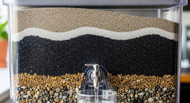 Sectional water filtration tank displays layers of pebbles, sand and charcoal in detail. Water filtration reveals purification stages, from larger stones to fine grains,
