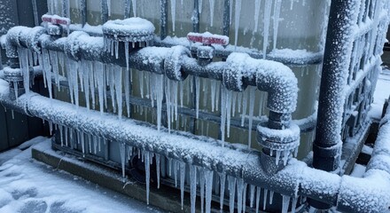 Frozen pipes covered in ice create a winter scene of frozen pipes, connecting various components. Detailed frozen pipes with icicles, valve, and steel rack covered in ice, showcase winter conditions.