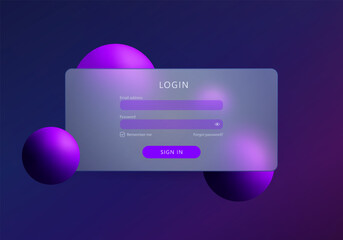 Elegant login form with glowing purple spheres on dark gradient background in glass morphism style.