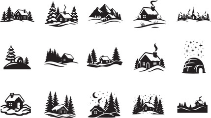 Fototapeta premium Winter landscape with snow house silhouette icon set in bold vector style for seasonal designs.