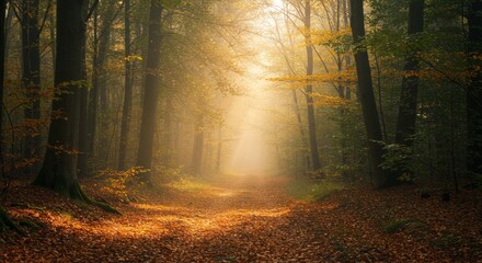 Fototapeta premium Golden Light Forest Path - Misty forest path covered with golden leaves, symbolic of change, transition, hope, nature's beauty, and the passage of time