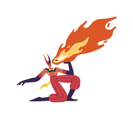 Naklejka na ściany i meble Fire eater or breather on circus stage. Cirque artist does dangerous tricks, spits flame while performance. Performer shows in harlequin costume. Flat isolated vector illustration on white background