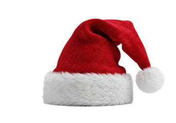 Deep crimson red velvet santa hat featuring thick white faux fur trim and fluffy pom-pom, captured in a detailed macro studio product shot on transparent. Concept for classic christmas and new