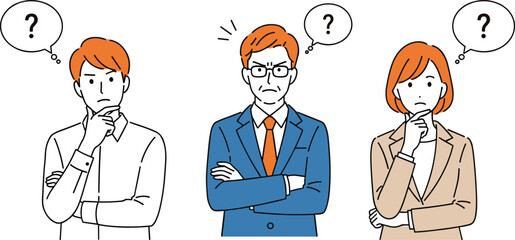 Vector Illustration of People Thinking with Question Marks, Three Professionals Looking Confused and Puzzled, Problem Solving, Uncertainty, and Decision Making Concept Graphics.