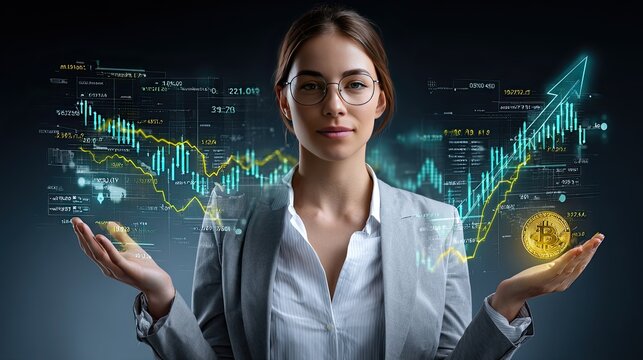 Finance Visionary: A confident businesswoman, radiating financial prowess, holds out her hands, presenting a dynamic display of economic data and upward trends.